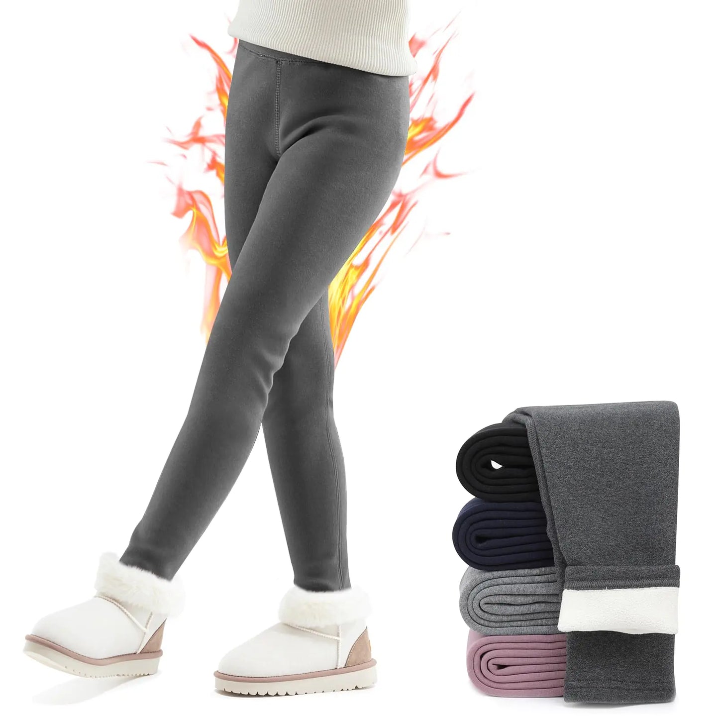 TXJ Sports Girls Fleece Lined Leggings Cotton Warm Leggings Full Length Pants Kids for Winter Dark Grey